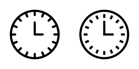 Vector illustrations of clock icons in different simple black and white designs. Editable stroke.