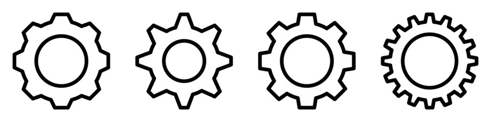 Set of vector illustrations of gear icons in various black and white designs. Editable stroke.