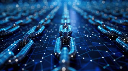 Close-up of a digital blockchain concept with glowing links connected on a network, symbolizing modern technology, security, and data integrity.