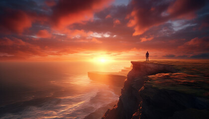 A man stands on a cliff overlooking the ocean at sunset - Powered by Adobe
