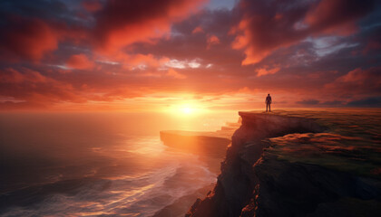 A man stands on a cliff overlooking the ocean at sunset