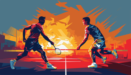 Tennis players on the court. Vector illustration in retro style.