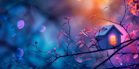 Enchanted Cartoon House in Tree Branches with Soft Lighting and Pastel Hues. Concept Cartoon House Theme, Tree Branch Backdrop, Soft Lighting, Pastel Hues, Enchanted Atmosphere