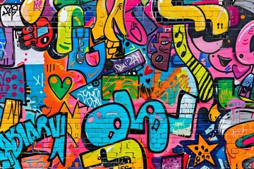 Colorful seamless pattern of urban graffiti art, street murals and tags for street art enthusiasts