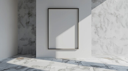 Ultra realistic 3D render of a blank mockup frame in a room with a gypsum floor. Modern image in ultra HD.