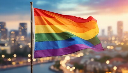waving lgbt flag against the backdrop of a big city and skyscrapers, queer gay pride month, the fight against homophobia