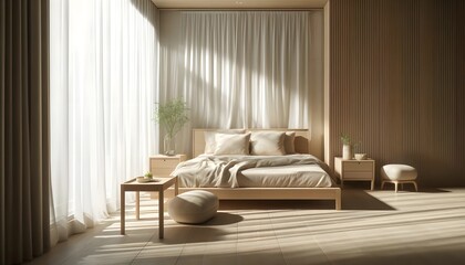 Minimalist Elegant Bedroom with Natural Light and Wooden Elements