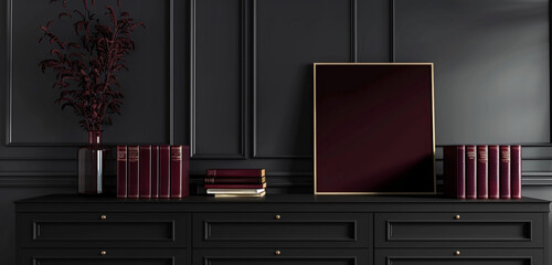 Elegant dark gallery room with black dresser, maroon books, square poster. 3D rendering.