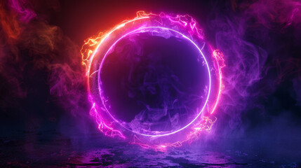 Fototapeta premium Vibrant neon purple and pink energy ring on black background
