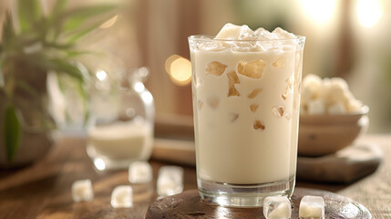 glass with milk tea and ice cubes, placed on the table in front view, natural light, light background, with small bamboo leaves in the distance