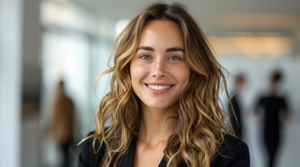 Obraz premium Professional businesswoman with a bright smile in a white office