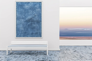 Minimalist art gallery with a white bench and blank denim blue frame at sunrise