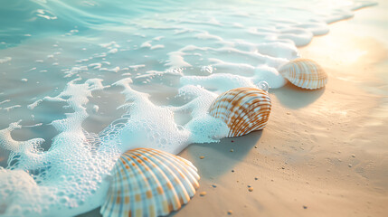Obraz premium Beautiful seashells on a sandy beach with gentle ocean waves. Perfect for summer, relaxation, and travel themes.