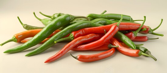 Assortment of Fresh Green and Red Chili Peppers Displayed on Neutral Beige Backdrop with Natural Textures