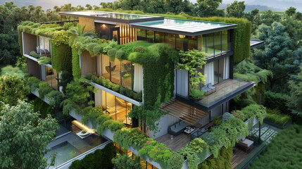 green overgrown house, symbolization of new sustainable lifestyles, created with generative AI technology