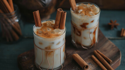  Cinammon stick in glass of cold milk, spiced cinnamon on top, glasses with cream coffee 
