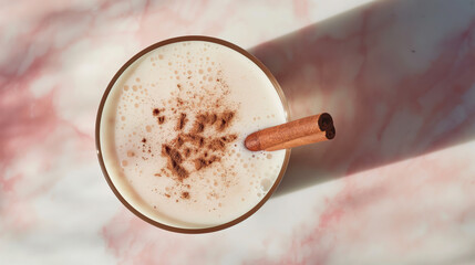 Cinematic photo of Mexican horchata in a glass with a cinnamon stick, aerial view, on a white and pink marble background