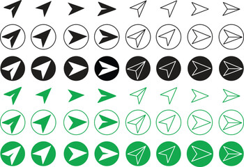 Direct message or DM icons Set. Flat Messages send icons editable stock. Plane origami send icons for web designs. Send post or mail or email arrows icons collection isolated transparent background.