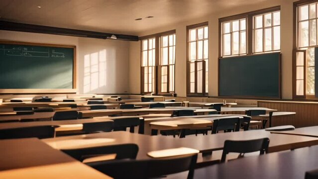Empty classroom with the sun rays from the window