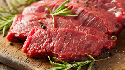 Juicy roasted beef slices garnished with fresh rosemary and colorful peppercorns.