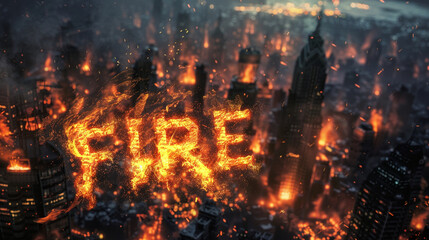 燃える都市と炎でできたFIREの文字