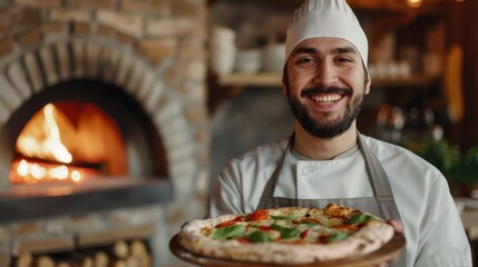 The chef holding pizza