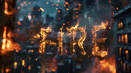 Fototapeta premium 燃える都市と炎でできたFIREの文字