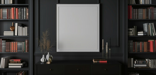 Modern dark gallery with black dresser, books in rich mahogany, square poster setup. 3D rendering.