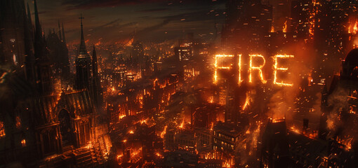 燃える都市と炎でできたFIREの文字