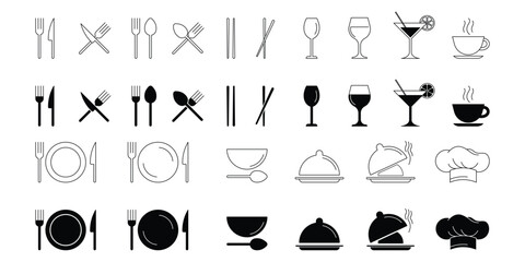 Fork, spoon, knife and plate icon set. Restaurant utensil icon. Cutlery icon. Editable stroke. Vector illustration