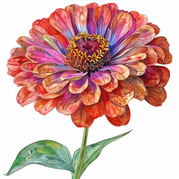 Zinnia, watercolor style, isolated white background, PNG di-cut style, object as model