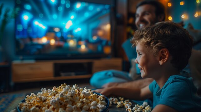 a son bonding with his father, setting up a cozy movie night with snacks and laughter in the living room, celebrating fathers day together