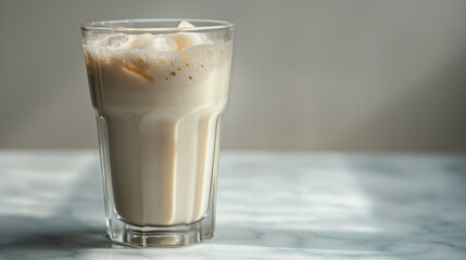  Milk tea horchata mexican drink  in a tall glass on a marble table, viewed from the side, with a neutral background