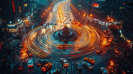 Obraz premium panoramic view of public transport or commuter city life concept expressway car traffic transportation above circle roundabout road