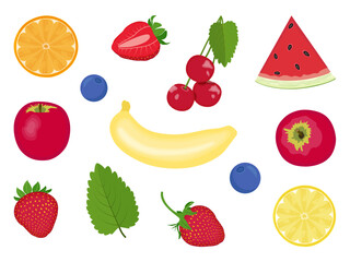 Set with juicy and ripe fruits transparent and white background. Red apple and yellow banana. Red cherry and strawberry. Yellow lemon and orange. Triangular slice of watermelon and blue blueberries.