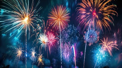 Night sky, fireworks burst in a dazzling display of colors and light. 