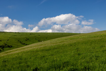 A rural Sussex landscape at Mount Caburn, with a blue sky overhead © lemanieh