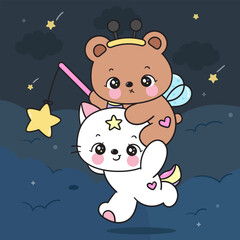cute cat unicorn and bear catching magic star on sky sweet dream fairy tales