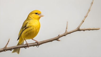 Fototapeta premium 'serinus perch yellow canaria canary bird captivity avian feather wing beak studio shot portrait pet domestic animals animal isolated on white cute eye creature finch'