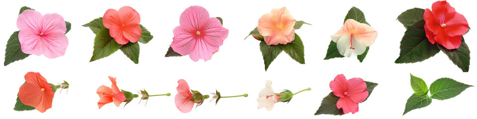 Bright red and yellow Impatiens in full bloom, isolated on a white background