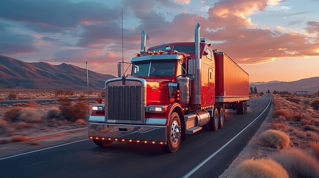 heavy duty classic stylish big rig semi truck tractor with lot of chrome accessories transporting cargo driving on the road