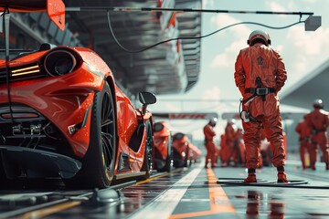 Obraz premium Professional pit crew team in pit lane during race car pits stop, teamwork concept with copy space