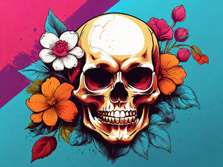 Illustration skull head with flower pop art style