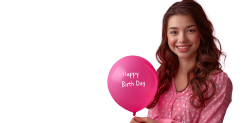 woman holding balloons with speech Happy birth day 