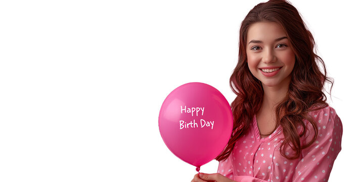 woman holding balloons with speech Happy birth day 
