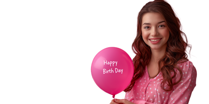 woman holding balloons with speech Happy birth day  - Powered by Adobe