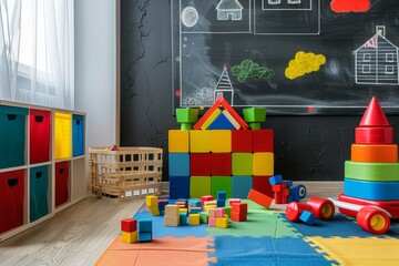 Colorful educational blocks toys for childrens playroom interior design kindergarten preschool