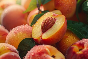 Close up of peaches with water drops, capturing the essence of this juicy fruit
