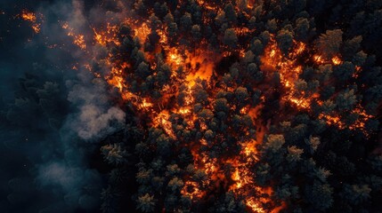Fototapeta premium Aerial view of a forest fire engulfing trees with intense flames and thick smoke filling the sky, highlighting nature's fury and devastation.