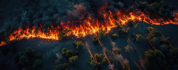 Aerial view of a massive forest fire, the flames raging through trees, creating a dramatic and intense landscape in a wilderness area.